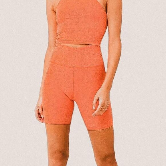 Beyond Yoga Spacedye High-Waist Biker Shorts | Fresh Coral Orange | Soft Stretch - Picture 1 of 6